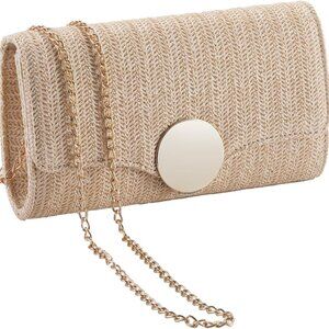 Natural Straw Woven Clutch Purse Leather Beach Bag Wallet for Women